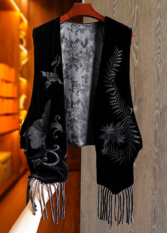 Original Design Black Embroidered Tasseled Silk Velour Vest Sleeveless