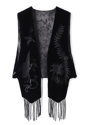 Original Design Black Embroidered Tasseled Silk Velour Vest Sleeveless