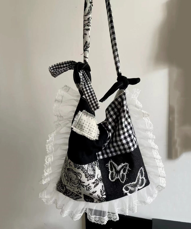 Original Design Black Lace Ruffles Patchwork Canvas Satchel Handbag