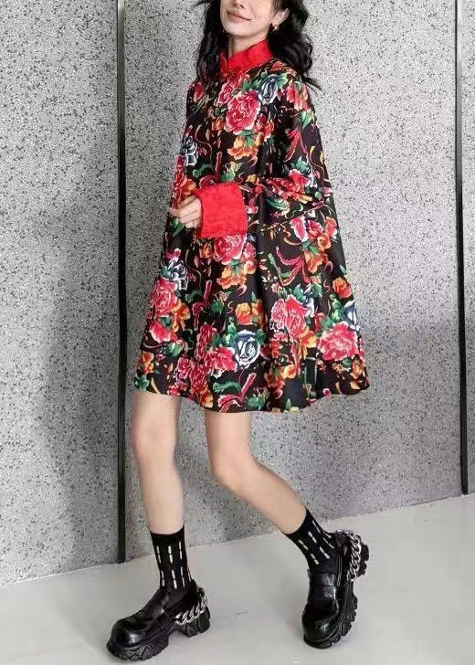 Original Design Black Mandarin Collar Print Cotton Mini Dress Spring