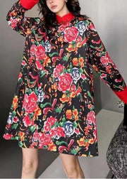 Original Design Black Mandarin Collar Print Cotton Mini Dress Spring