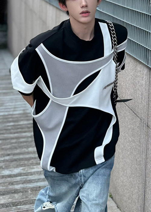 Original Design Black O Neck Patchwork Cotton Men&