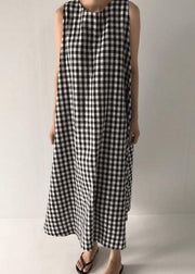Original Design Black O Neck Plaid Cotton Long Dress Sleeveless