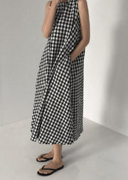 Original Design Black O Neck Plaid Cotton Long Dress Sleeveless
