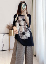 Original Design Black O-Neck Wrinkled Floral Tank Flare Sleeve