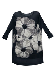 Original Design Black O-Neck Wrinkled Floral Tank Flare Sleeve