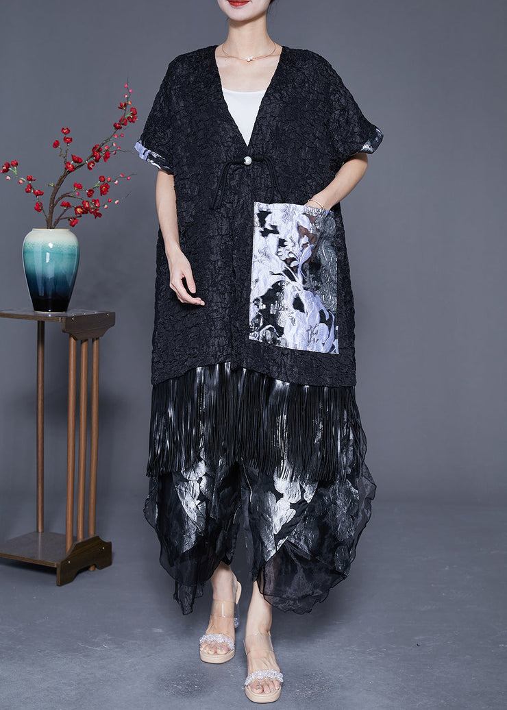 Original Design Black Oversized Ruffles Patchwork Jacquard Silk Two Pieces Set Summer