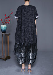 Original Design Black Oversized Ruffles Patchwork Jacquard Silk Two Pieces Set Summer