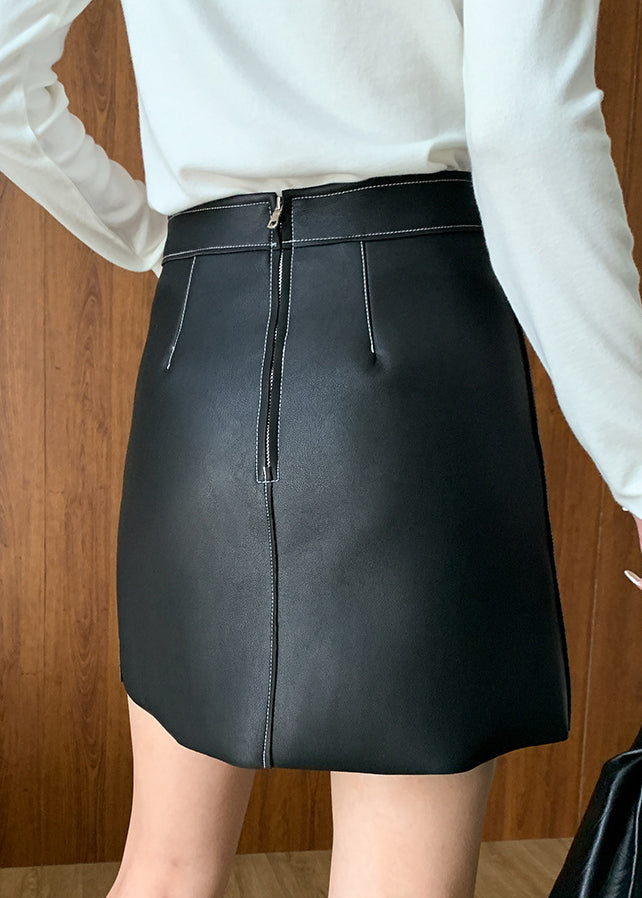 Original Design Black Patchwork Faux Leather Skirt Spring