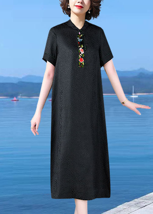 Original Design Black Peter Pan Collar Embroideried Silk Dress Summer