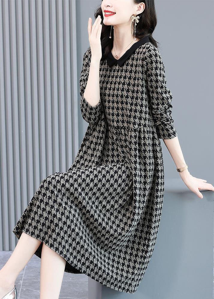 Original Design Black Peter Pan Collar Plaid Knit Sweater Dress Long Sleeve