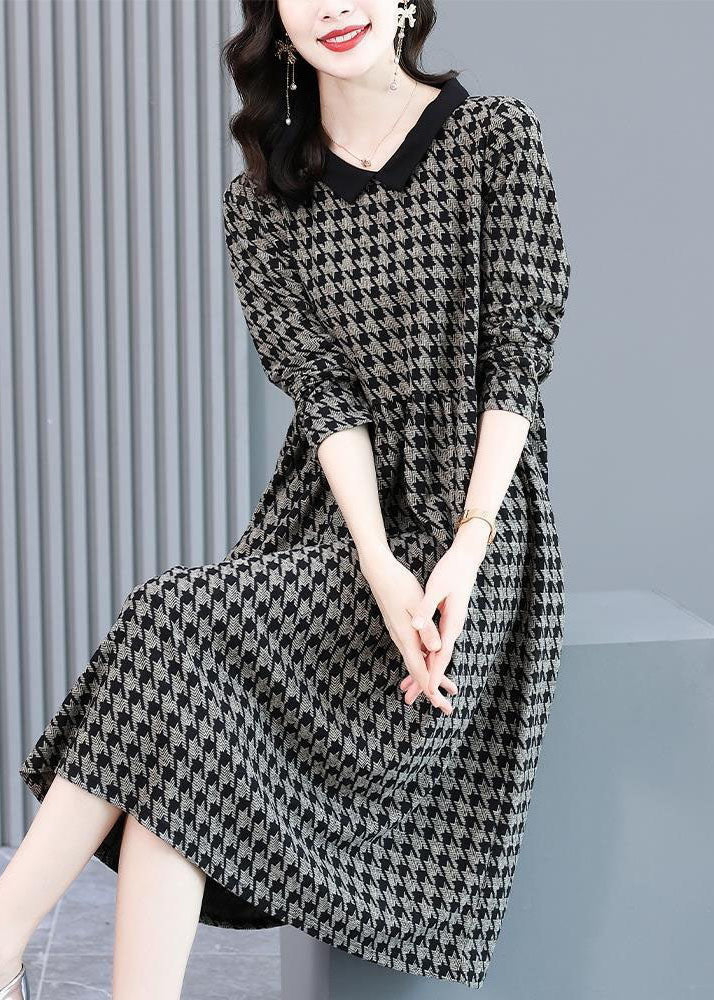 Original Design Black Peter Pan Collar Plaid Knit Sweater Dress Long Sleeve