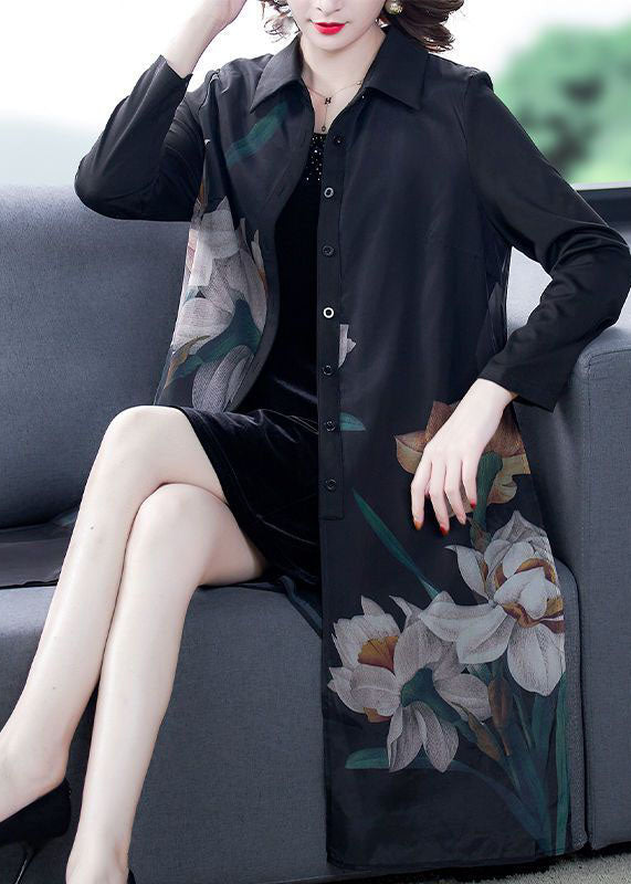 Original Design Black Peter Pan Collar Print Silk Shirt Coat Long Sleeve