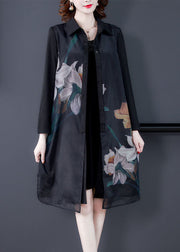 Original Design Black Peter Pan Collar Print Silk Shirt Coat Long Sleeve