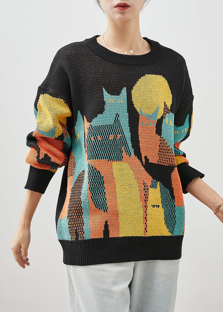 Original Design Black Print Knit Short Sweater Winter