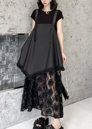 Original Design Black Ruffled Lace Strap Dress Summer