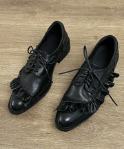 Original Design Black Ruffled Lace Up Splicing Flat Feet Shoes