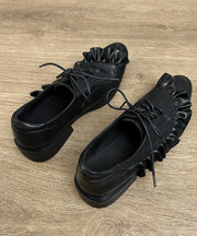 Original Design Black Ruffled Lace Up Splicing Flat Feet Shoes