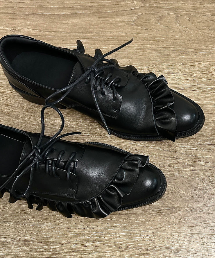 Original Design Black Ruffled Lace Up Splicing Flat Feet Shoes