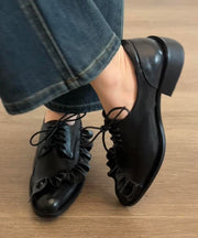 Original Design Black Ruffled Lace Up Splicing Flat Feet Shoes