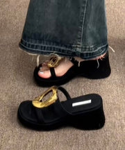 Original Design Black Sequined Splicing Wedge Heels Slide Sandals
