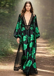 Original Design Black V Neck Print Silk Maxi Dresses Spring