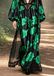 Original Design Black V Neck Print Silk Maxi Dresses Spring