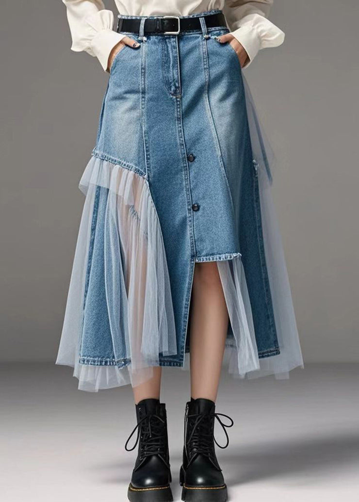 Original Design Blue Asymmetrical Patchwork Denim Wraped Skirts Spring