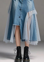 Original Design Blue Asymmetrical Patchwork Denim Wraped Skirts Spring