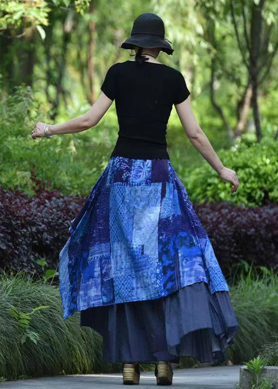 Original Design Blue Asymmetrical Patchwork Elastic Waist Cotton Skirts Spring