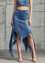 Original Design Blue Asymmetrical Tasseled Denim Skirts Spring