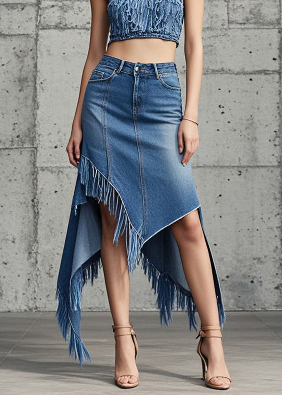 Original Design Blue Asymmetrical Tasseled Denim Skirts Fall