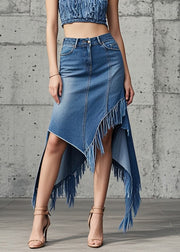 Original Design Blue Asymmetrical Tasseled Denim Skirts Spring