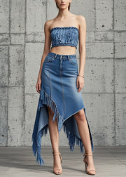 Original Design Blue Asymmetrical Tasseled Denim Skirts Spring