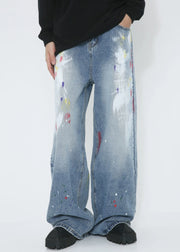 Original Design Blue Graffiti Pockets High Waist Men Pants Fall