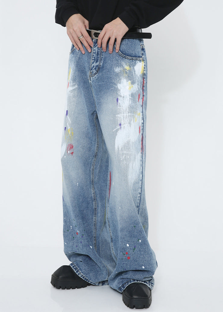 Original Design Blue Graffiti Pockets High Waist Men Pants Fall