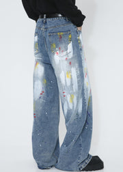 Original Design Blue Graffiti Pockets High Waist Men Pants Fall