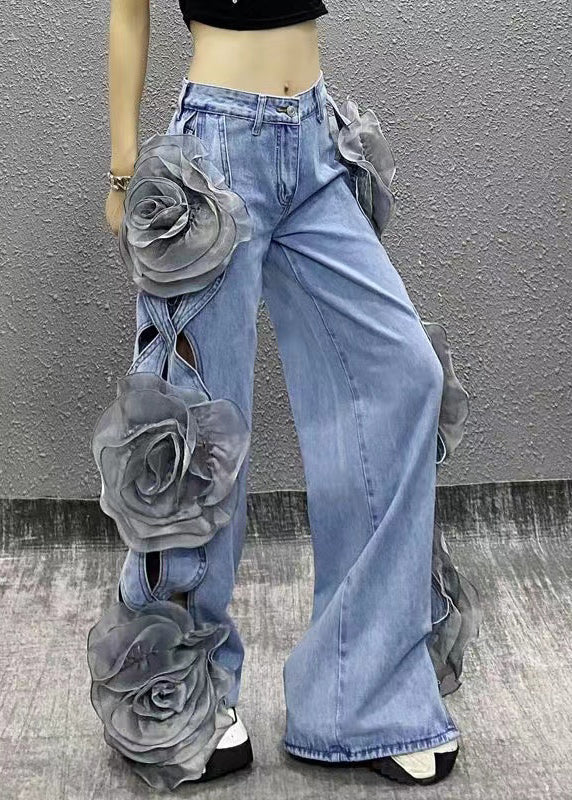 Original Design Blue Hollow Out Floral Denim Wide Leg Pants Spring