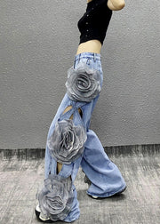 Original Design Blue Hollow Out Floral Denim Wide Leg Pants Spring