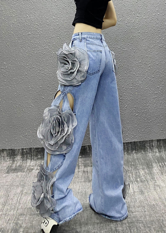 Original Design Blue Hollow Out Floral Denim Wide Leg Pants Spring