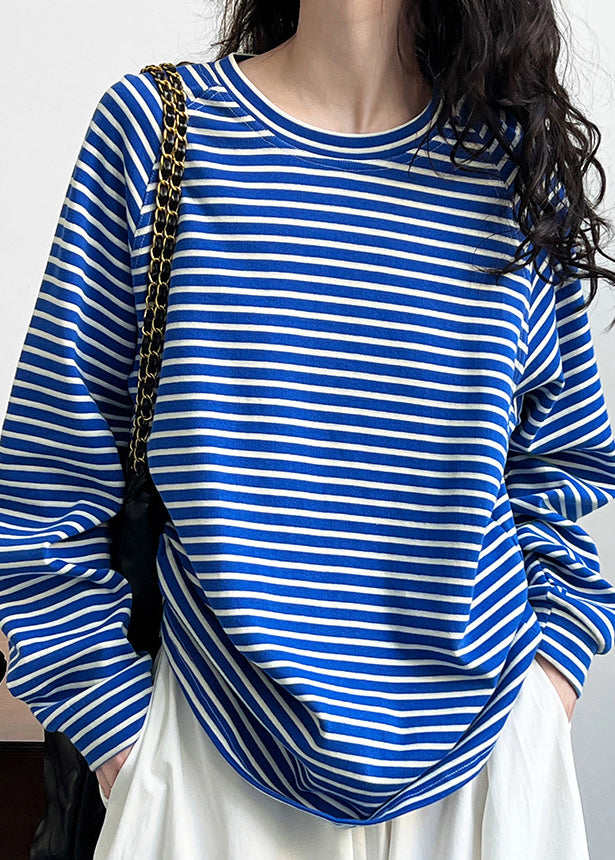 Original Design Blue O Neck Striped Cotton T Shirt Spring