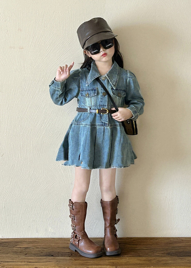 Original Design Blue Peter Pan Collar Button Girls Denim Mid Dresses Spring