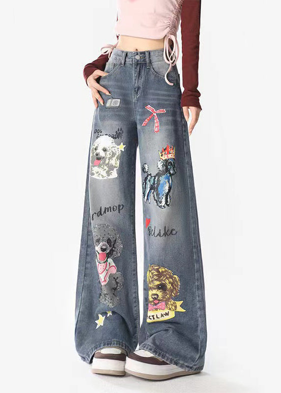 Original Design Blue Pockets Dogs Print Denim Wide Leg Pants Spring