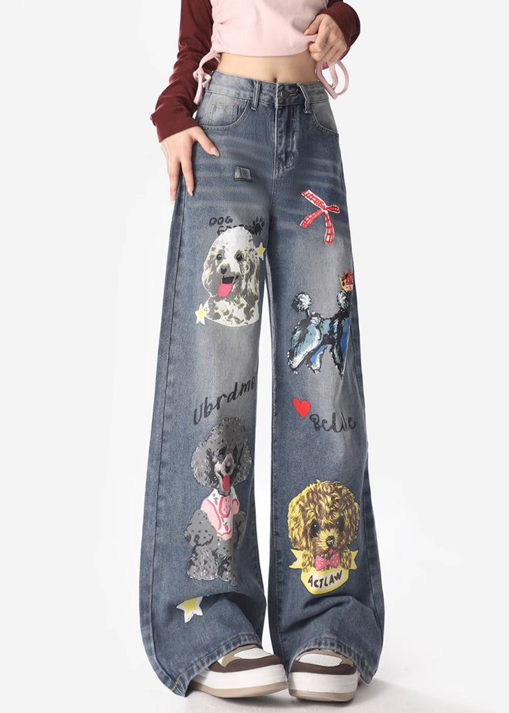 Original Design Blue Pockets Dogs Print Denim Wide Leg Pants Spring