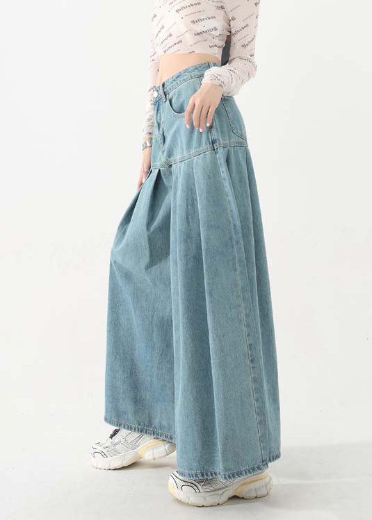 Original Design Blue Pockets Wrinkled Patchwork Denim Pants Skirt Spring