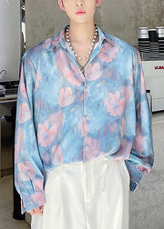 Original Design Blue Print Men Hawaiian Shirts Long Sleeves