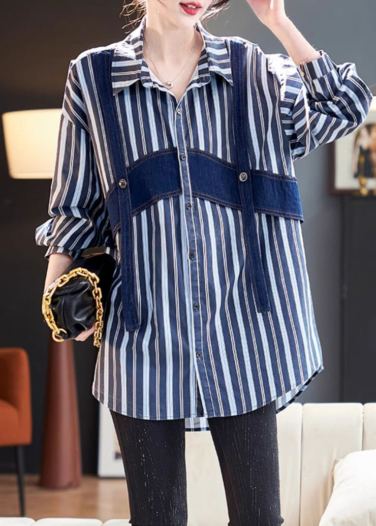 Original Design Blue Striped Patchwork Cotton Shirts Spring