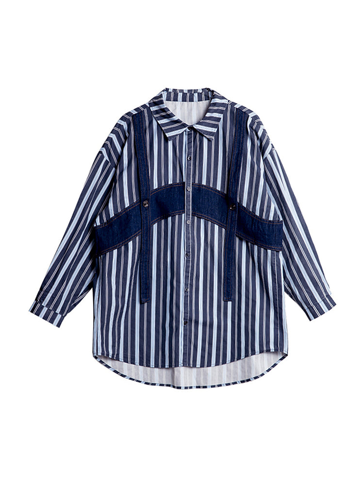 Original Design Blue Striped Patchwork Cotton Shirts Spring