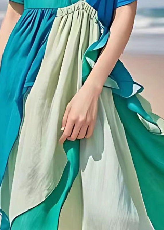 Original Design Blue V Neck Patchwork Linen Party Dress Summer