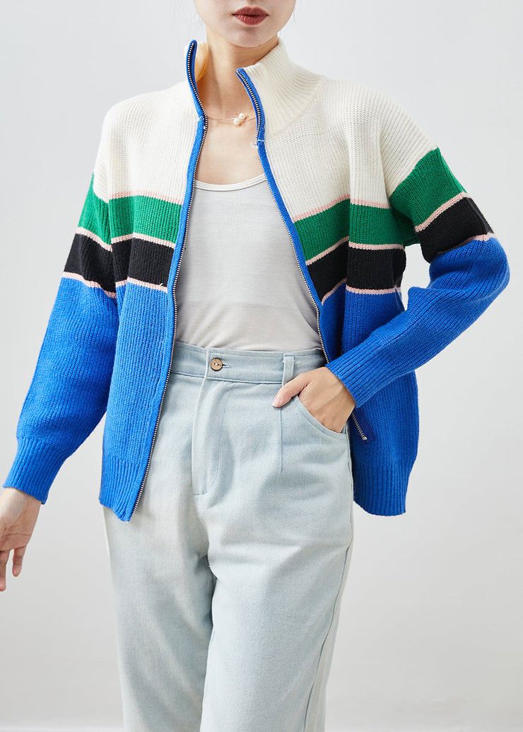 Original Design Blue Zip Up Patchwork Knit Coats Fall